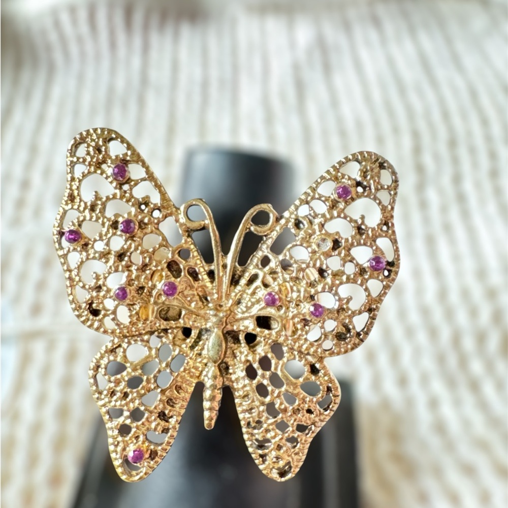 Elegant Gold Butterfly Ring with Purple Accents